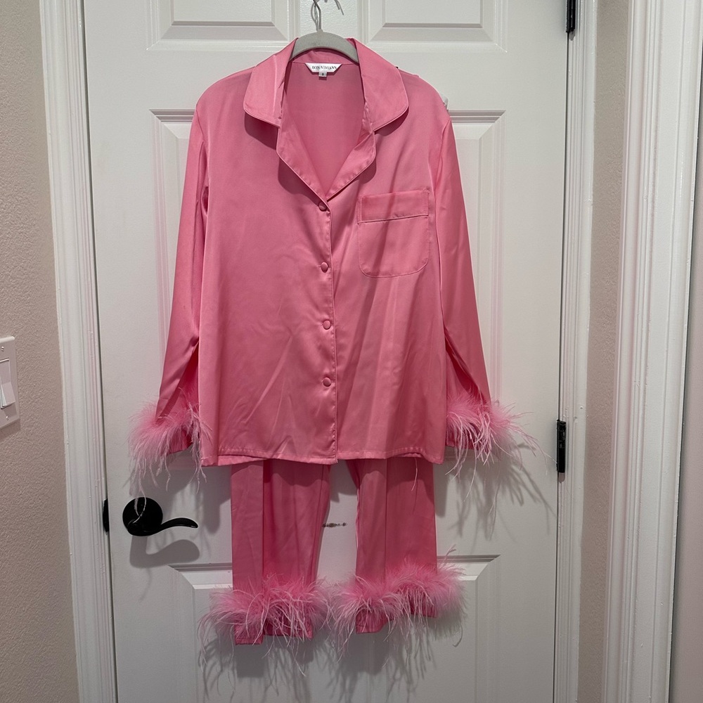 Elegant Pink Feather-Trimmed Pajama Set